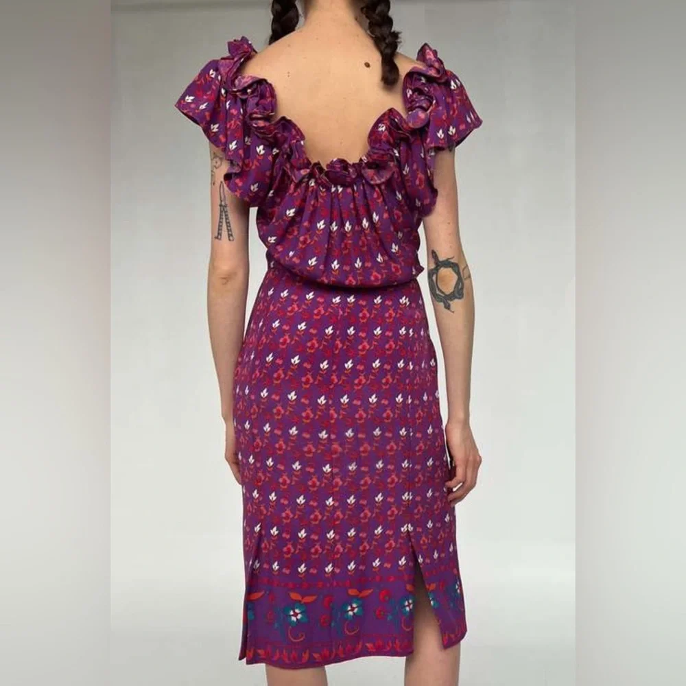 Vintage Christian Dior Silk Floral Dress Purple Ruffle Neck Midi 90s US 8 - Picture 4 of 10
